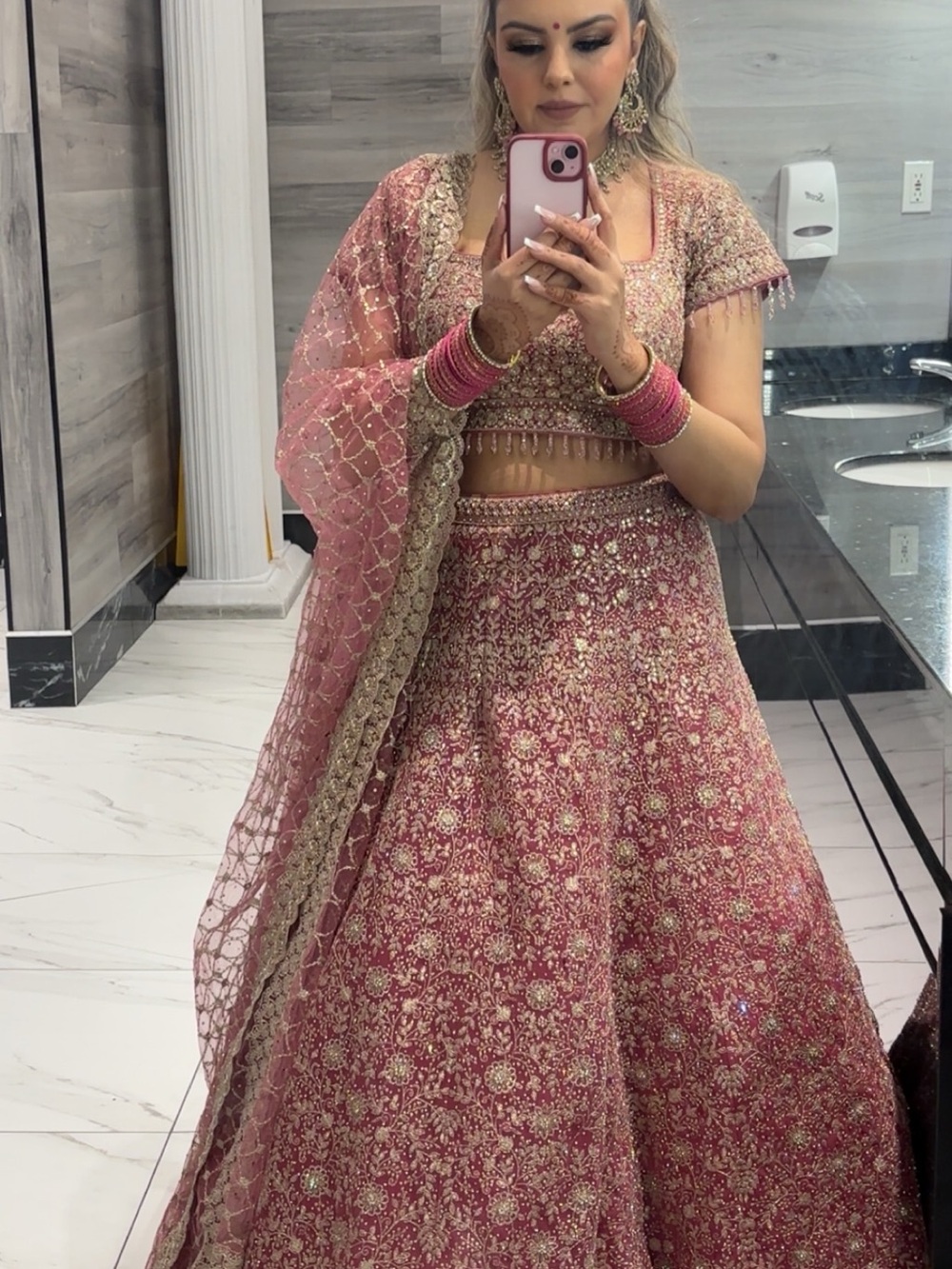 Embellished Pink Lehenga Set with Gold Accents